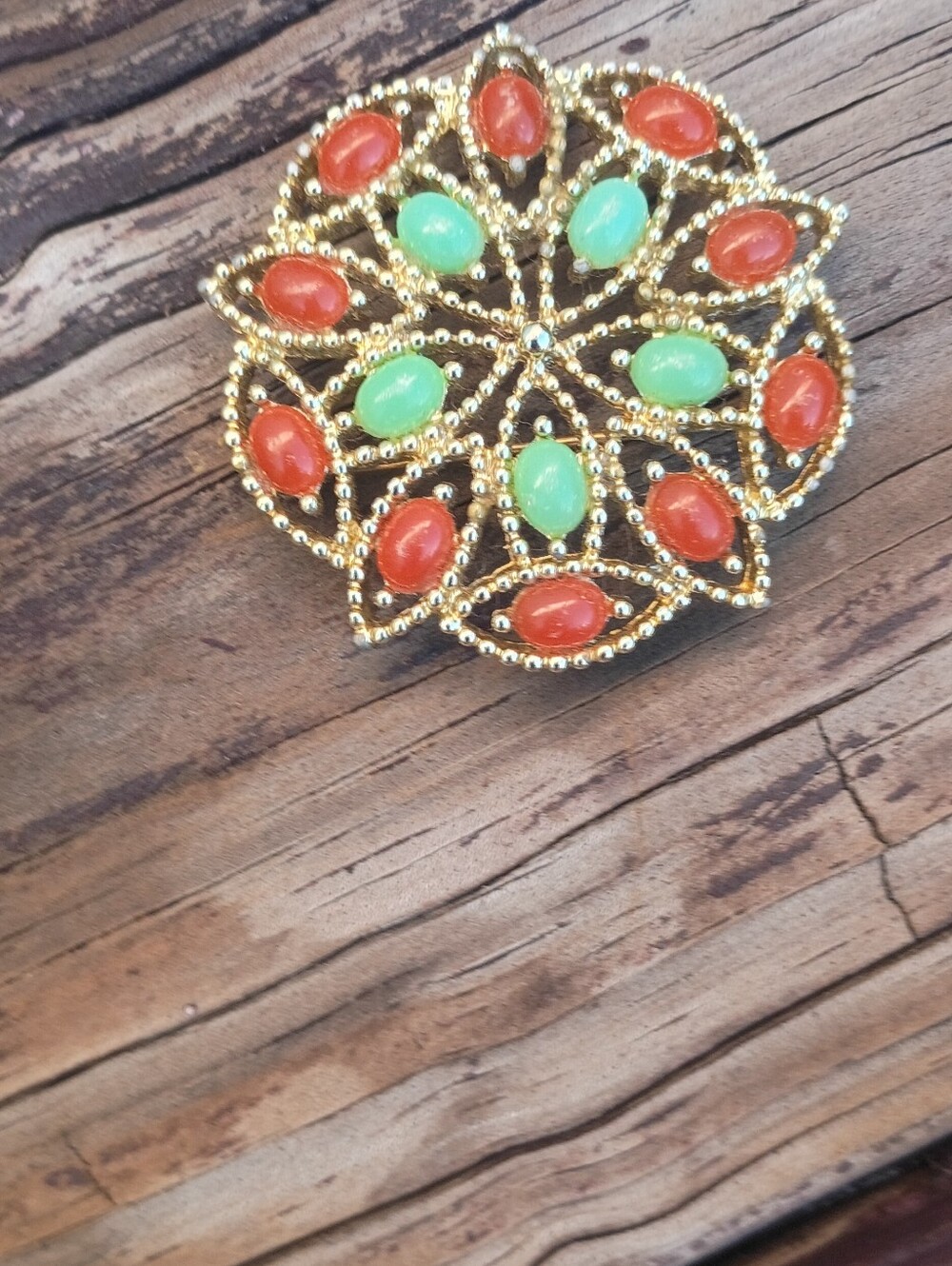 Vintage Sarah Coventry Gold-Tone Floral Brooch with Coral and Mint Cabochons